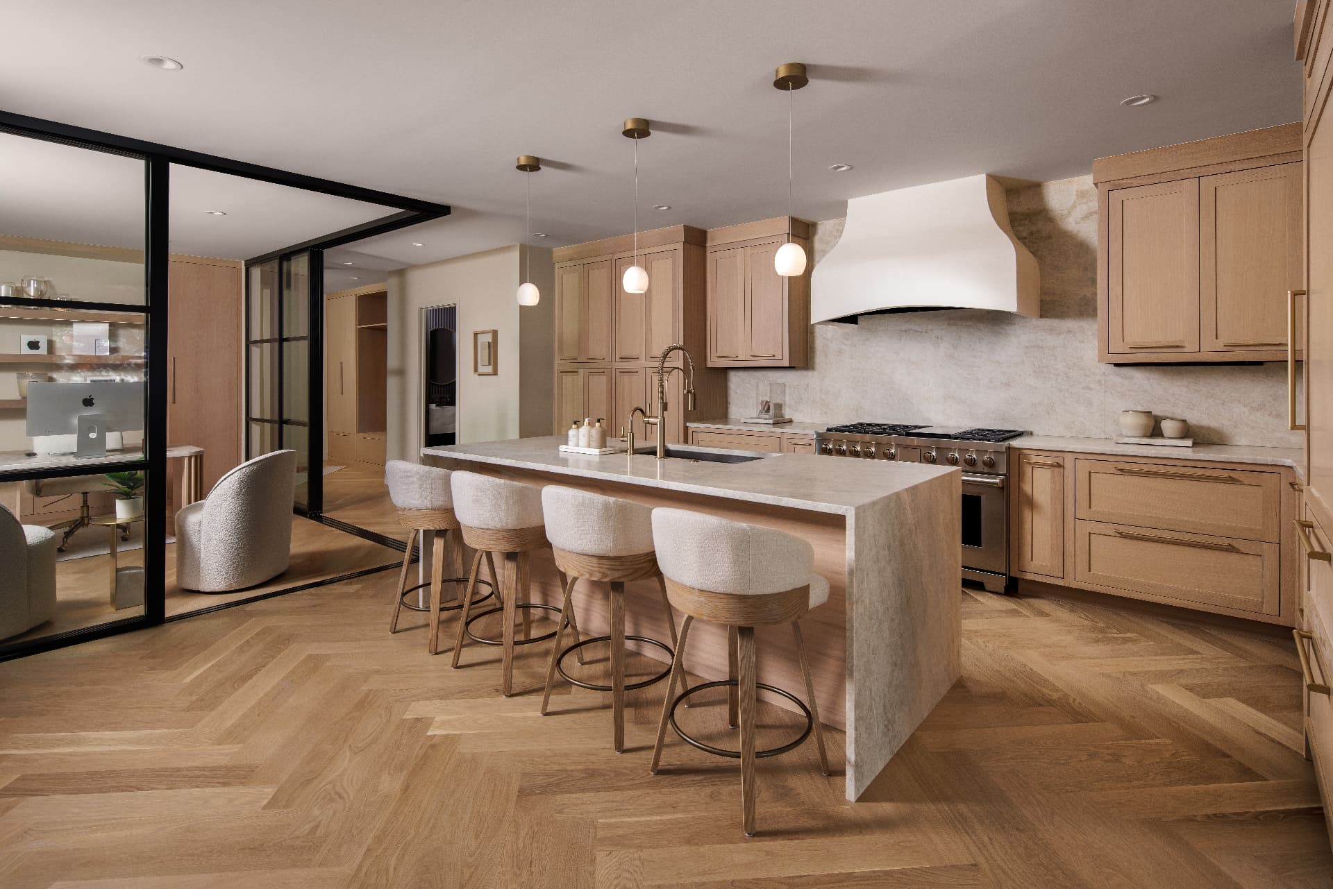 Cherry Creek kitchen island with quartzite waterfall edge and brass pendants
