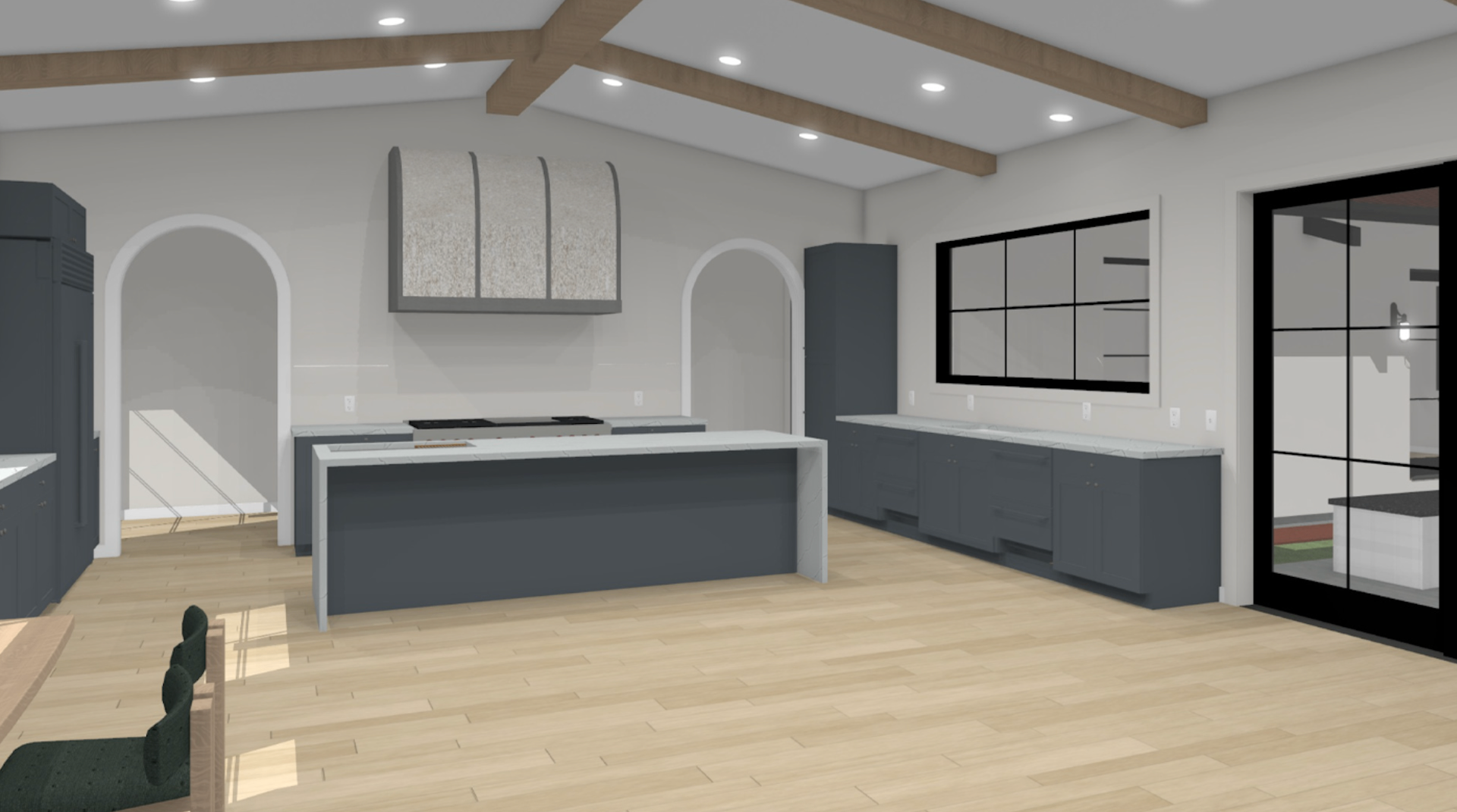 Modern kitchen rendering with slate-blue cabinets, a large island, exposed ceiling beams, and arched doorways